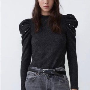 Zara puff sleeve sweater with rhinestones